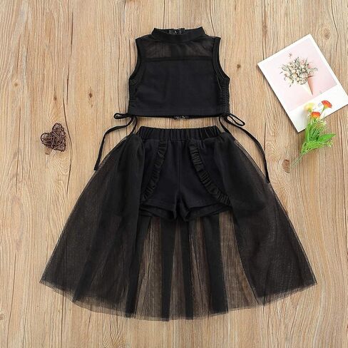 Toddler Girls Sleeveless Mesh Crop Tops + Maxi Black Ruffled Tulle Skirts Dress Summer Kids Clothing Sets in Kuwait