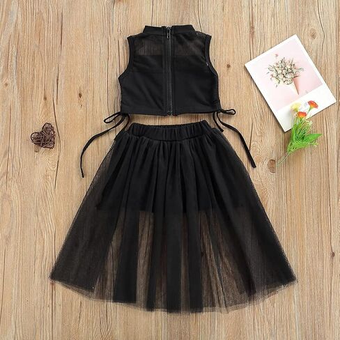 Toddler Girls Sleeveless Mesh Crop Tops + Maxi Black Ruffled Tulle Skirts Dress Summer Kids Clothing Sets in Kuwait