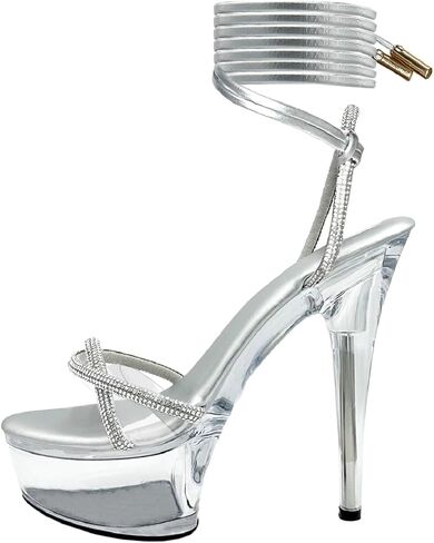 Women's Rhinestones Strap Clear Platform Stiletto Heels Sparkly Tie Up Strappy Sandals in Kuwait