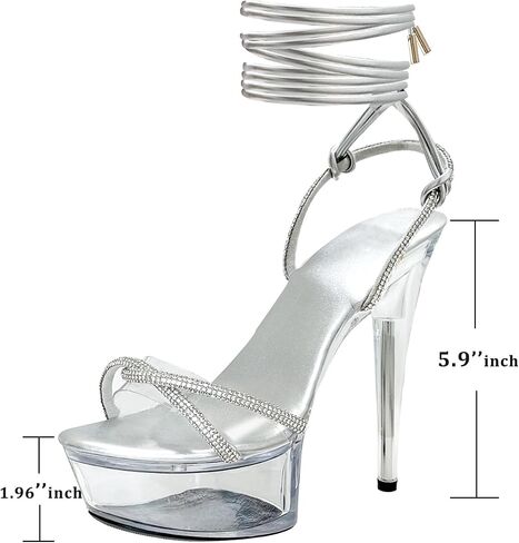 Women's Rhinestones Strap Clear Platform Stiletto Heels Sparkly Tie Up Strappy Sandals in Kuwait