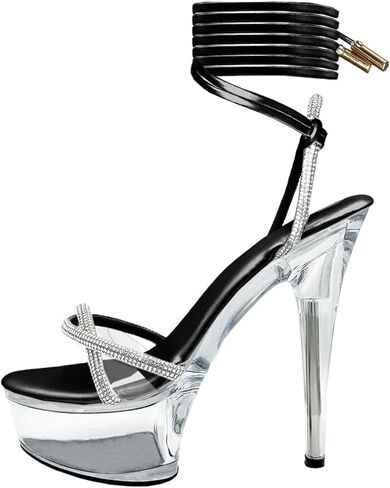 Women's Rhinestones Strap Clear Platform Stiletto Heels Sparkly Tie Up Strappy Sandals in Kuwait