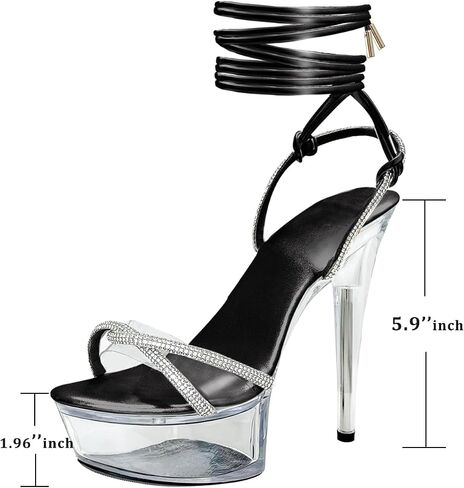 Women's Rhinestones Strap Clear Platform Stiletto Heels Sparkly Tie Up Strappy Sandals in Kuwait