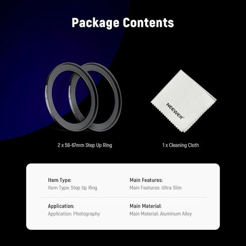 NEEWER 72-82mm Step Up Ring Adapter (2 Pack) with Cleaning Cloth, Ultra Slim Aluminum Alloy Lens Filter Adapter Ring for 72mm Camera Lens to Use 82mm Filter in Saudi Arabia