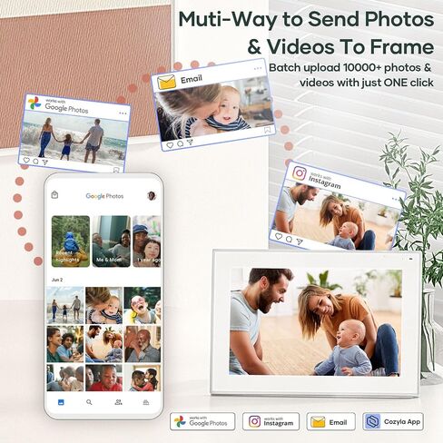 Cozyla Digital Picture Frame Multi Platform to Send Photos and Videos via Email Google Photos Instagram Phone App Free Unlimited Storage Built-in Alexa Photo Frame Electronic WiFi 10.1 Inch White in Saudi Arabia