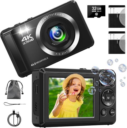 كاميرا رقمية 4K للتصوير الفوتوغرافي - كاميرا صغيرة الحجم ذات تركيز تلقائي مع تكبير 16X - كاميرات رقمية بدقة 44 ميجابكسل UHD للتصوير والتقاط الصور للأطفال وكاميرات تسجيل فيديو محمولة مع بطاقة 32 جيجابايت للمراهقين والبنات والأولاد in Saudi Arabia