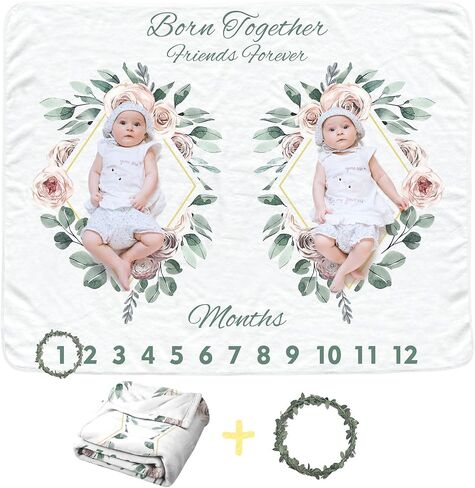 Twins Baby Monthly Blanket for Girls, Newborn Month Blanket, Soft Flannel Photography Background Prop Blanket, Personalized Shower Gift, Boho Flower in Saudi Arabia