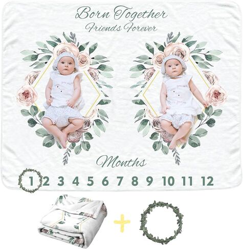 Twins Baby Monthly Blanket for Girls, Newborn Month Blanket, Soft Flannel Photography Background Prop Blanket, Personalized Shower Gift, Boho Flower in Saudi Arabia
