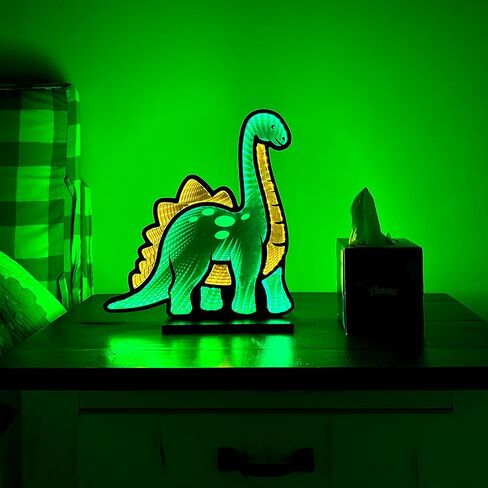 Dinosaur Infinity Mirror Night Light - LED Dinosaur Nightlight for Kids - USB-Powered with Dimmer Switch - 3D LED Infinity Light - Bedroom Decor for Boys, Girls & Teens - 12" x 13" in Saudi Arabia