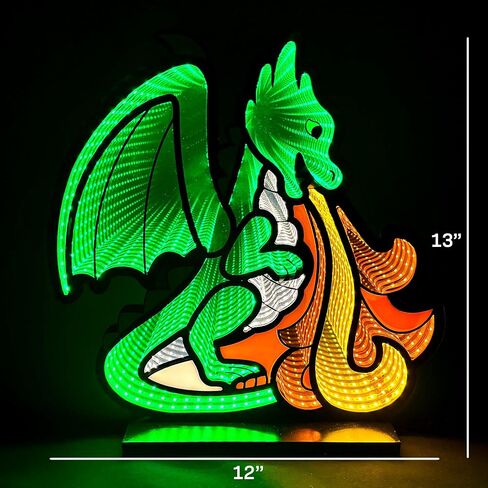 Dinosaur Infinity Mirror Night Light - LED Dinosaur Nightlight for Kids - USB-Powered with Dimmer Switch - 3D LED Infinity Light - Bedroom Decor for Boys, Girls & Teens - 12" x 13" in Saudi Arabia