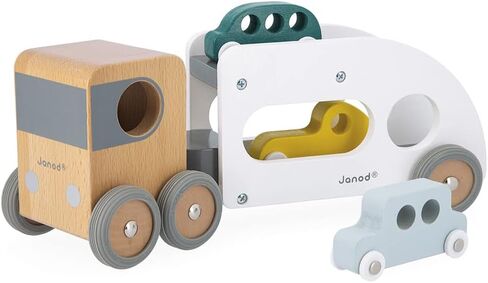 Janod - Bolid Solid Wood Car Carrier - Removable Trailer - 3 Cars Included - Imagination and Fine Motor Skills - Water-Based Paints - 2 Years + J04637 in Saudi Arabia