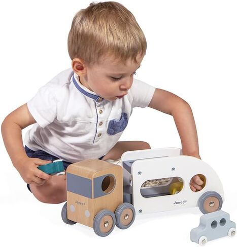 Janod - Bolid Solid Wood Car Carrier - Removable Trailer - 3 Cars Included - Imagination and Fine Motor Skills - Water-Based Paints - 2 Years + J04637 in Saudi Arabia