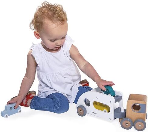 Janod - Bolid Solid Wood Car Carrier - Removable Trailer - 3 Cars Included - Imagination and Fine Motor Skills - Water-Based Paints - 2 Years + J04637 in Saudi Arabia
