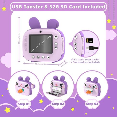 Instant Camera for Kids, 2.5K Kids Camera Instant Print with No Ink Print Paper & 32G Card,Selfie Digital Camera & 1080P Video Camera, Toy Gift for Girls Boys 3-12 (Purple) in Kuwait