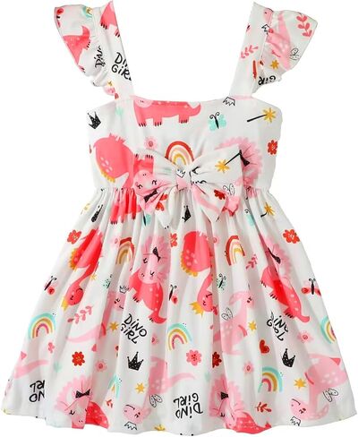 RETSUGO Toddler Girls Dresses Kids Summer Clothes Flutter Sleeve Birthday Party Bowknot Dress Casual Swing Sundress in Saudi Arabia