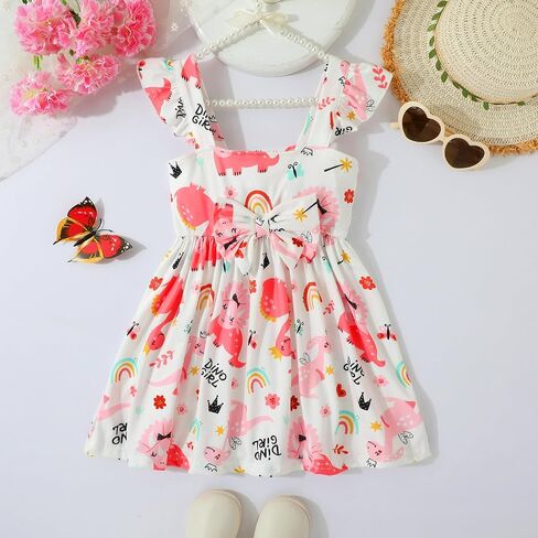 RETSUGO Toddler Girls Dresses Kids Summer Clothes Flutter Sleeve Birthday Party Bowknot Dress Casual Swing Sundress in Saudi Arabia