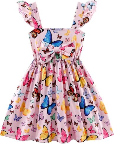 RETSUGO Toddler Girls Dresses Kids Summer Clothes Flutter Sleeve Birthday Party Bowknot Dress Casual Swing Sundress in Saudi Arabia