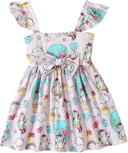 RETSUGO Toddler Girls Dresses Kids Summer Clothes Flutter Sleeve Birthday Party Bowknot Dress Casual Swing Sundress in Kuwait