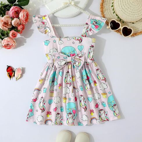 RETSUGO Toddler Girls Dresses Kids Summer Clothes Flutter Sleeve Birthday Party Bowknot Dress Casual Swing Sundress in Kuwait