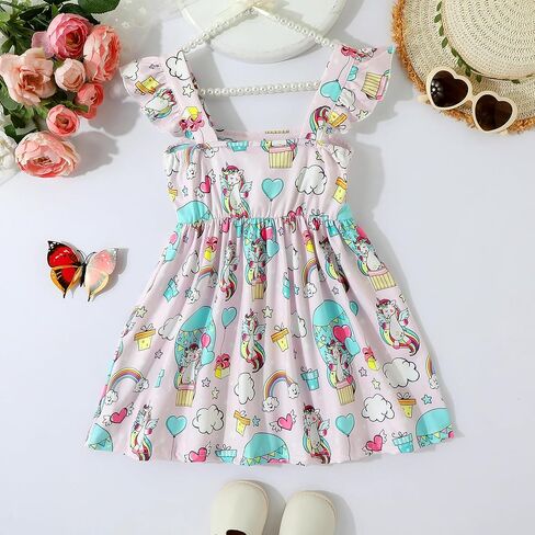 RETSUGO Toddler Girls Dresses Kids Summer Clothes Flutter Sleeve Birthday Party Bowknot Dress Casual Swing Sundress in Kuwait
