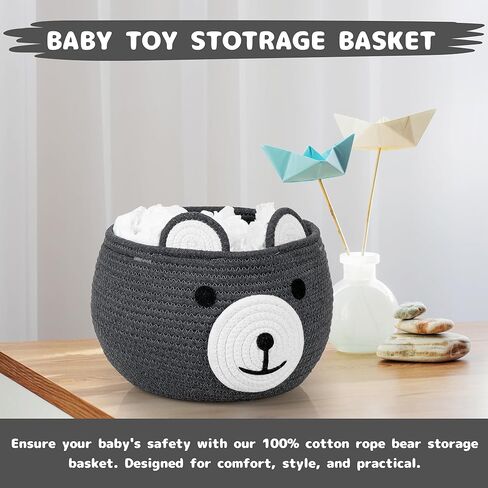 سلة الدب اللطيفة من ZLG - وحدة تخزين منسوجة من الحبال القطنية باللون الرمادي، مقاس 10.5 بوصة عمق × 8.5 بوصة ارتفاع، متعددة الاستخدامات لاستحمام الطفل، أو غرفة الأطفال، أو غرفة المعيشة، أو النباتات الداخلية in Kuwait