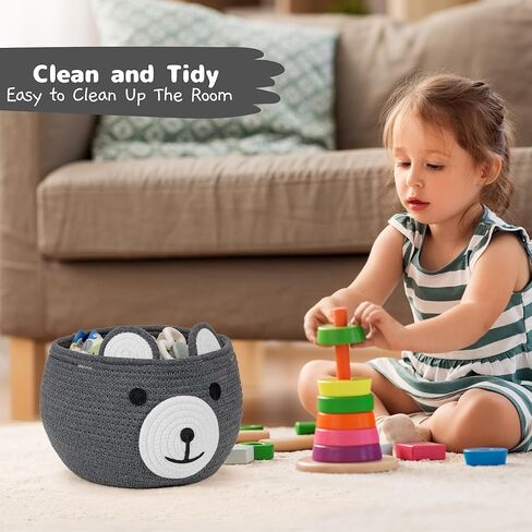 سلة الدب اللطيفة من ZLG - وحدة تخزين منسوجة من الحبال القطنية باللون الرمادي، مقاس 10.5 بوصة عمق × 8.5 بوصة ارتفاع، متعددة الاستخدامات لاستحمام الطفل، أو غرفة الأطفال، أو غرفة المعيشة، أو النباتات الداخلية in Kuwait