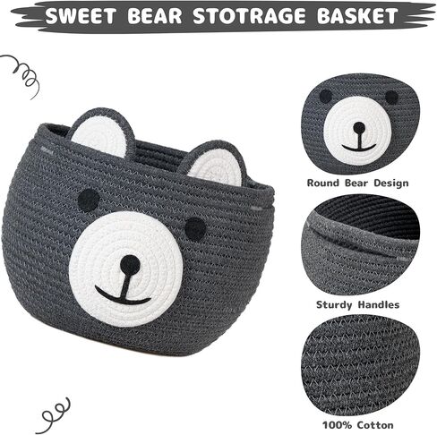 سلة الدب اللطيفة من ZLG - وحدة تخزين منسوجة من الحبال القطنية باللون الرمادي، مقاس 10.5 بوصة عمق × 8.5 بوصة ارتفاع، متعددة الاستخدامات لاستحمام الطفل، أو غرفة الأطفال، أو غرفة المعيشة، أو النباتات الداخلية in Kuwait