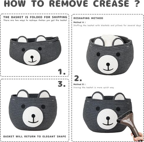 سلة الدب اللطيفة من ZLG - وحدة تخزين منسوجة من الحبال القطنية باللون الرمادي، مقاس 10.5 بوصة عمق × 8.5 بوصة ارتفاع، متعددة الاستخدامات لاستحمام الطفل، أو غرفة الأطفال، أو غرفة المعيشة، أو النباتات الداخلية in Kuwait