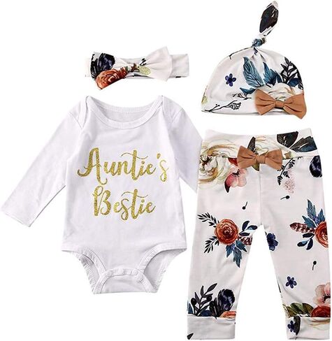 Infant Baby Girl Fall Clothes Long Sleeve Auntie's Bestie Romper Floral Arrows Leggings Pants Hat 4Pcs Outfits Set in Saudi Arabia
