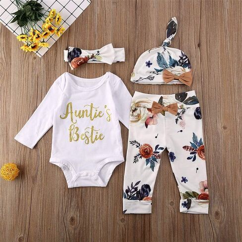 Infant Baby Girl Fall Clothes Long Sleeve Auntie's Bestie Romper Floral Arrows Leggings Pants Hat 4Pcs Outfits Set in Saudi Arabia
