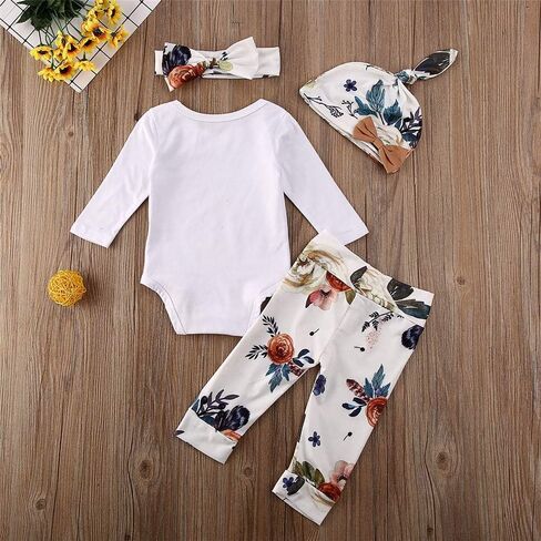 Infant Baby Girl Fall Clothes Long Sleeve Auntie's Bestie Romper Floral Arrows Leggings Pants Hat 4Pcs Outfits Set in Saudi Arabia
