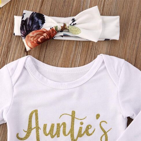 Infant Baby Girl Fall Clothes Long Sleeve Auntie's Bestie Romper Floral Arrows Leggings Pants Hat 4Pcs Outfits Set in Saudi Arabia
