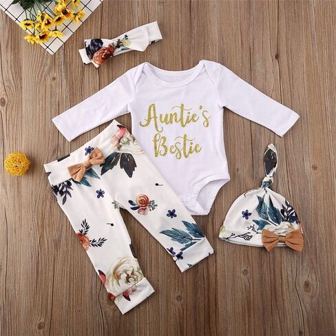 Infant Baby Girl Fall Clothes Long Sleeve Auntie's Bestie Romper Floral Arrows Leggings Pants Hat 4Pcs Outfits Set in Saudi Arabia