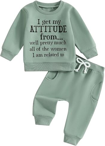 SAYOO Baby Girl Fall Outfit I Get My Attitude From All Women Funny Letter Sweatshirt Pullover +Sweatpants Toddler Clothes in Kuwait
