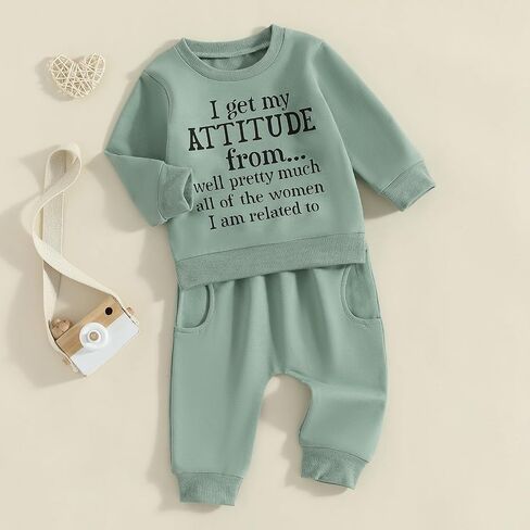 SAYOO Baby Girl Fall Outfit I Get My Attitude From All Women Funny Letter Sweatshirt Pullover +Sweatpants Toddler Clothes in Kuwait