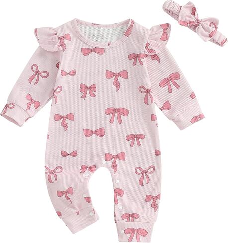 Mandizy Fall Baby Girl Clothes Ruffle Long Sleeve Romper Waffle Knit One Piece Jumpsuit Outfit with Bow Headband in Saudi Arabia