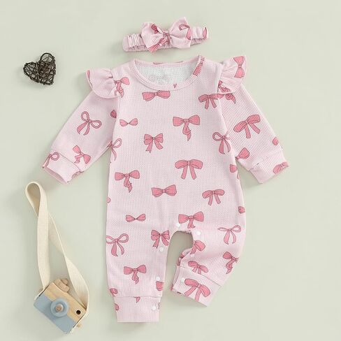 Mandizy Fall Baby Girl Clothes Ruffle Long Sleeve Romper Waffle Knit One Piece Jumpsuit Outfit with Bow Headband in Saudi Arabia