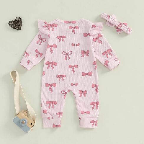 Mandizy Fall Baby Girl Clothes Ruffle Long Sleeve Romper Waffle Knit One Piece Jumpsuit Outfit with Bow Headband in Saudi Arabia