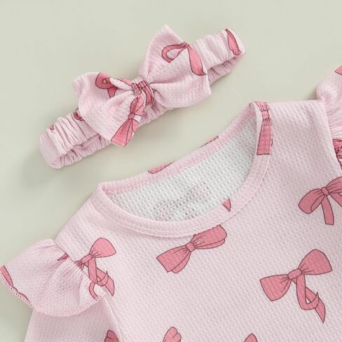 Mandizy Fall Baby Girl Clothes Ruffle Long Sleeve Romper Waffle Knit One Piece Jumpsuit Outfit with Bow Headband in Saudi Arabia