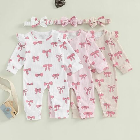 Mandizy Fall Baby Girl Clothes Ruffle Long Sleeve Romper Waffle Knit One Piece Jumpsuit Outfit with Bow Headband in Saudi Arabia