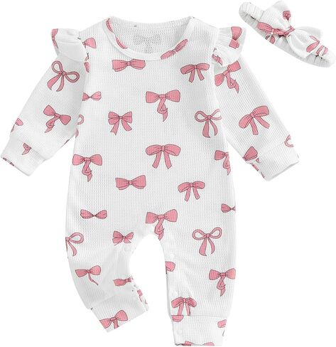 Mandizy Fall Baby Girl Clothes Ruffle Long Sleeve Romper Waffle Knit One Piece Jumpsuit Outfit with Bow Headband in Saudi Arabia