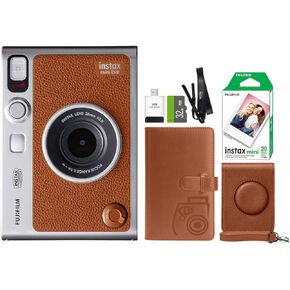FUJIFILM INSTAX Mini EVO Hybrid Instant Camera Brown + Fuji Instax Film 20 Sheet + Custom Case & Album 32GB Accessory Bundle
