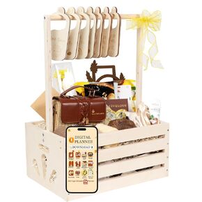 New Mom Gift Basket – Wooden Baby Shower Crate with Self-Care Essentials for New Moms, Premium Affirmation Cards, Beach-Style Crossbody Bag, Milestone Blanket, Candle, and More