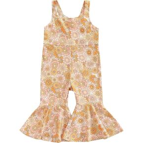 Emmababy Baby Girl Bell Bottoms Romper Toddler Floral Overalls Suspender Flare Pants Sleeveless Strap Jumpsuit Fall Clothes