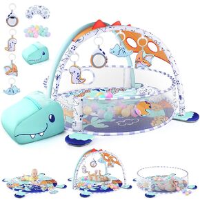 5-in-1 Baby Play Mat - Baby Play Gym Tummy Time Mat with Ball Pit, Detachable Sensory Toys & Tummy Time Pillow, Baby Activity Mat Motor Skill Gift for Newborn Playmats, Machine Washable