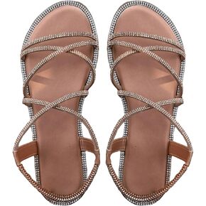 OYOANGLE Women's Rhinestone Sparkly Strappy Sandals Criss Cross Comfortable Elastic Ankle Strap Sandal