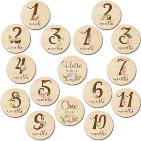 16 Pieces Wooden Baby Monthly Milestone Cards Baby Monthly Milestone Marker Discs Double Sided Monthly Milestone Wooden Circles Baby Months Signs for Baby Shower Newborn Photo Props(Flower)