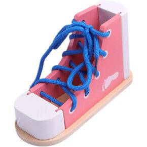NUOBESTY Learn to Tie Shoes Wooden Lacing Shoe Toy Shoelaces Tying Toy Teaching Kit for Kids, Pink