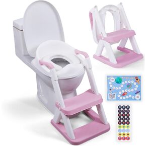 EzyWay Potty Training Seat with training stickers, upgraded Toddler training Seat for Kids Boys & Girls, 2 in 1 Potty Training Toilet for Kids with Splash Guard Anti-Slip Pad Step Stool (Pink)