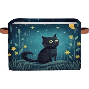 Cute Cat Storage Basket, Star Flower Foldable Storage Bin with Handle Fabric Rectangular Storage Box Organizer for Closet Shelf Home Office Nursery Toy Basket, 1 Pack