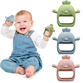 3 Pack Baby Teether Teething Toys for Babies 0-6 Months Baby Teething Toy Silicone Anti Dropping Infant Hand Teether Pacifiers Wrist Hand Chew Toys for Sucking Needs (Blue, Green, Flesh Pink, Chick)